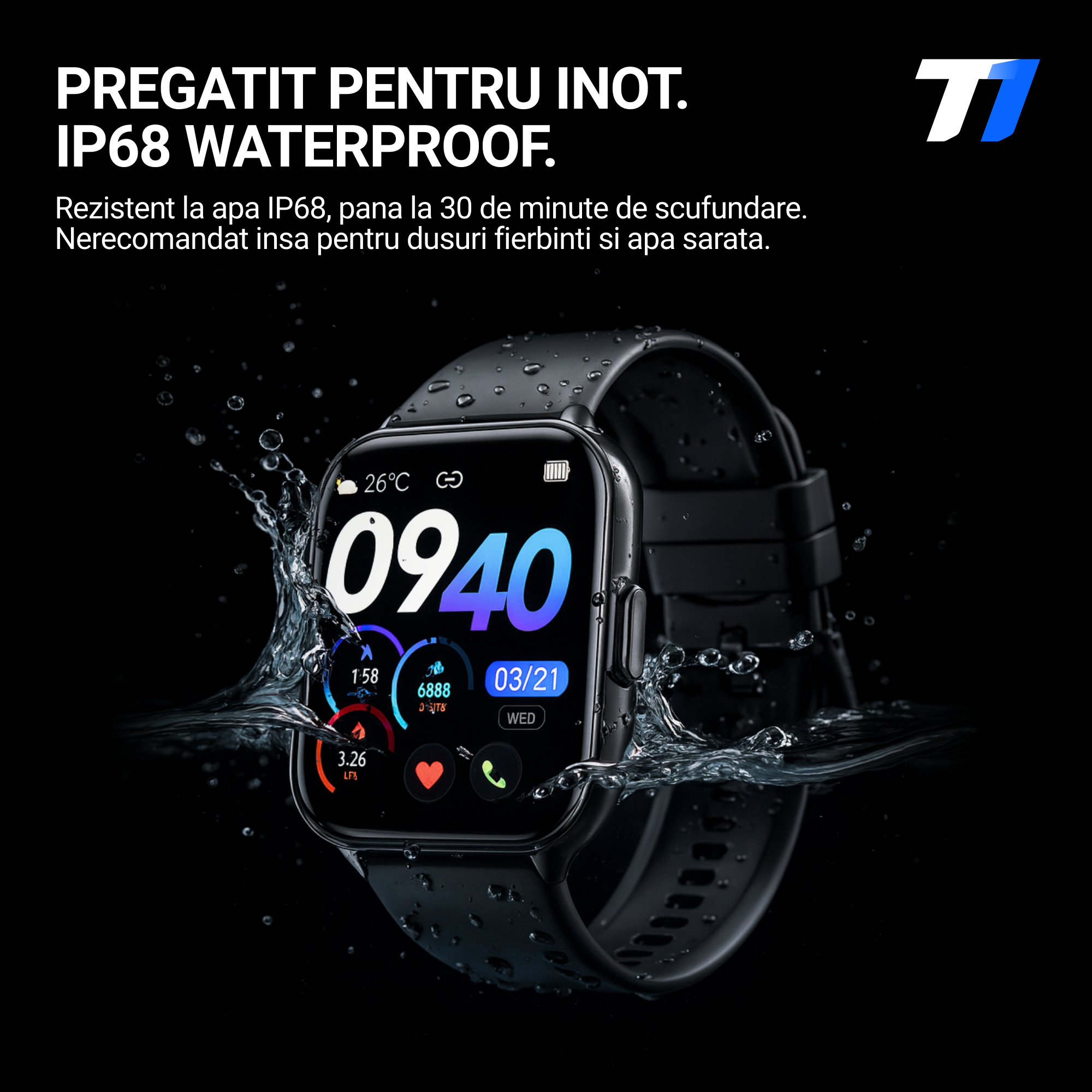 Ceas Smartwatch Barbati TechONE VitaSense Pro, Negru