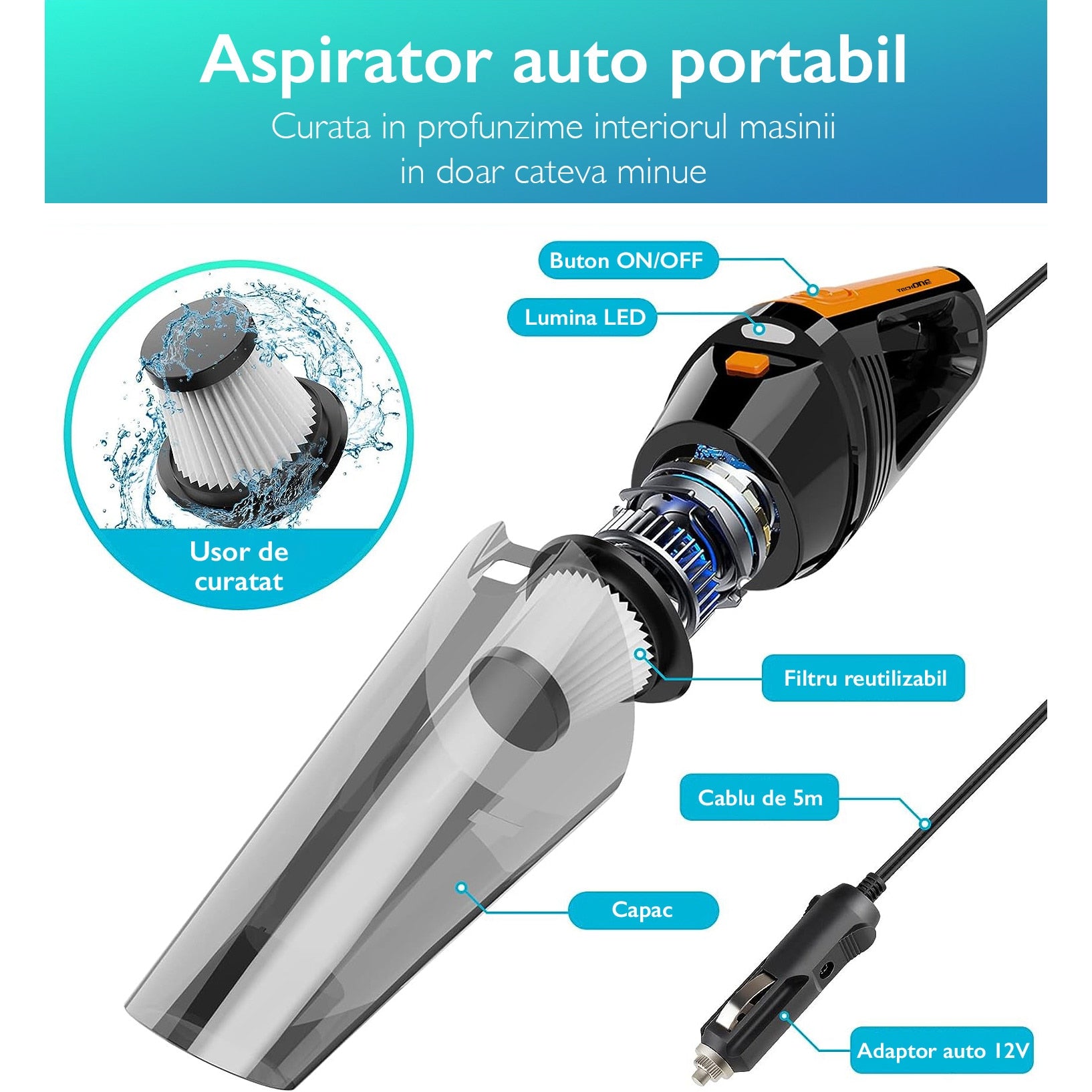 Aspirator Auto Portabil Techone® Vaccu Pro