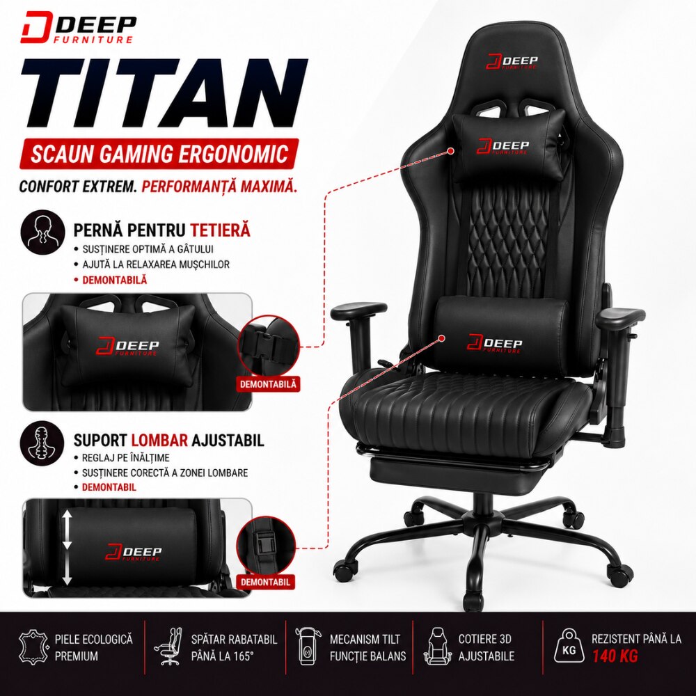 Scaun Gaming Ergonomic KD Home Deep Titan, Negru