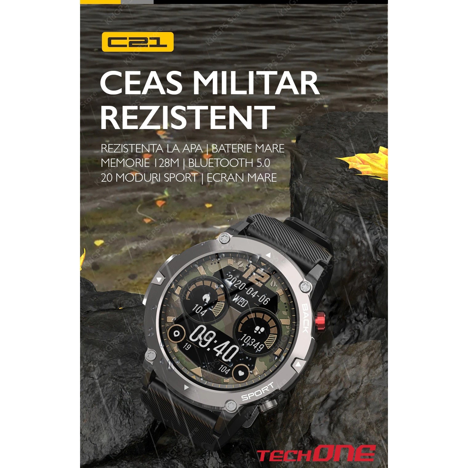 Ceas smartwatch barbati TechONE® C21, Negru