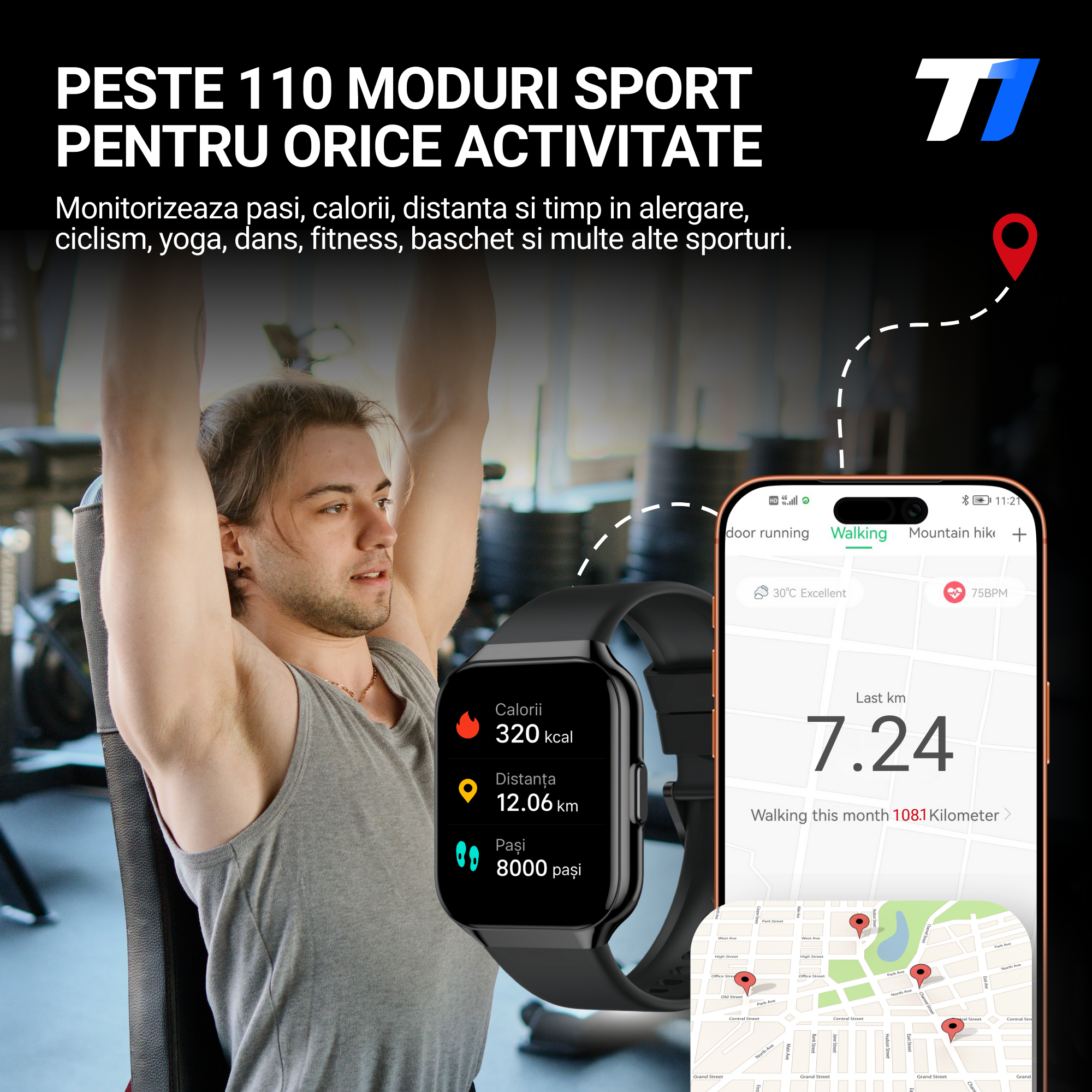 Ceas Smartwatch Barbati TechONE VitaSense Pro, Negru