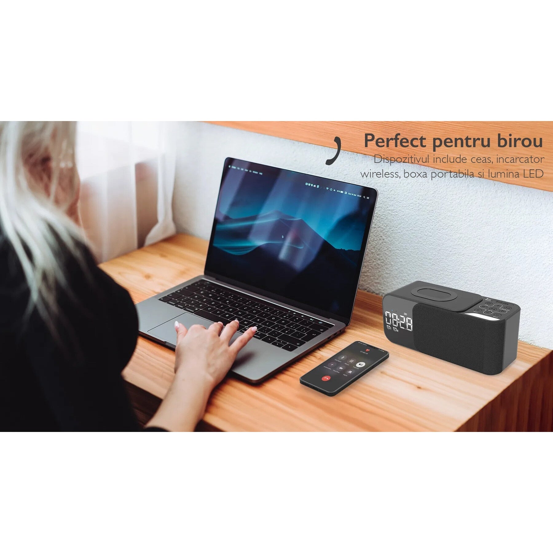 Radio cu ceas si incarcare wireless telefon 15W TechONE Night Buddy Pro