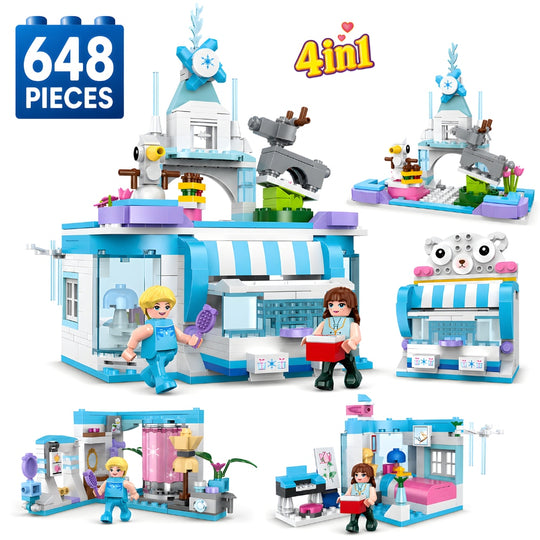 Set de Constructie cu Piese Tip Blocuri Constructie 648 Piese MiniBric 4 in 1 Girls Beauty Salon