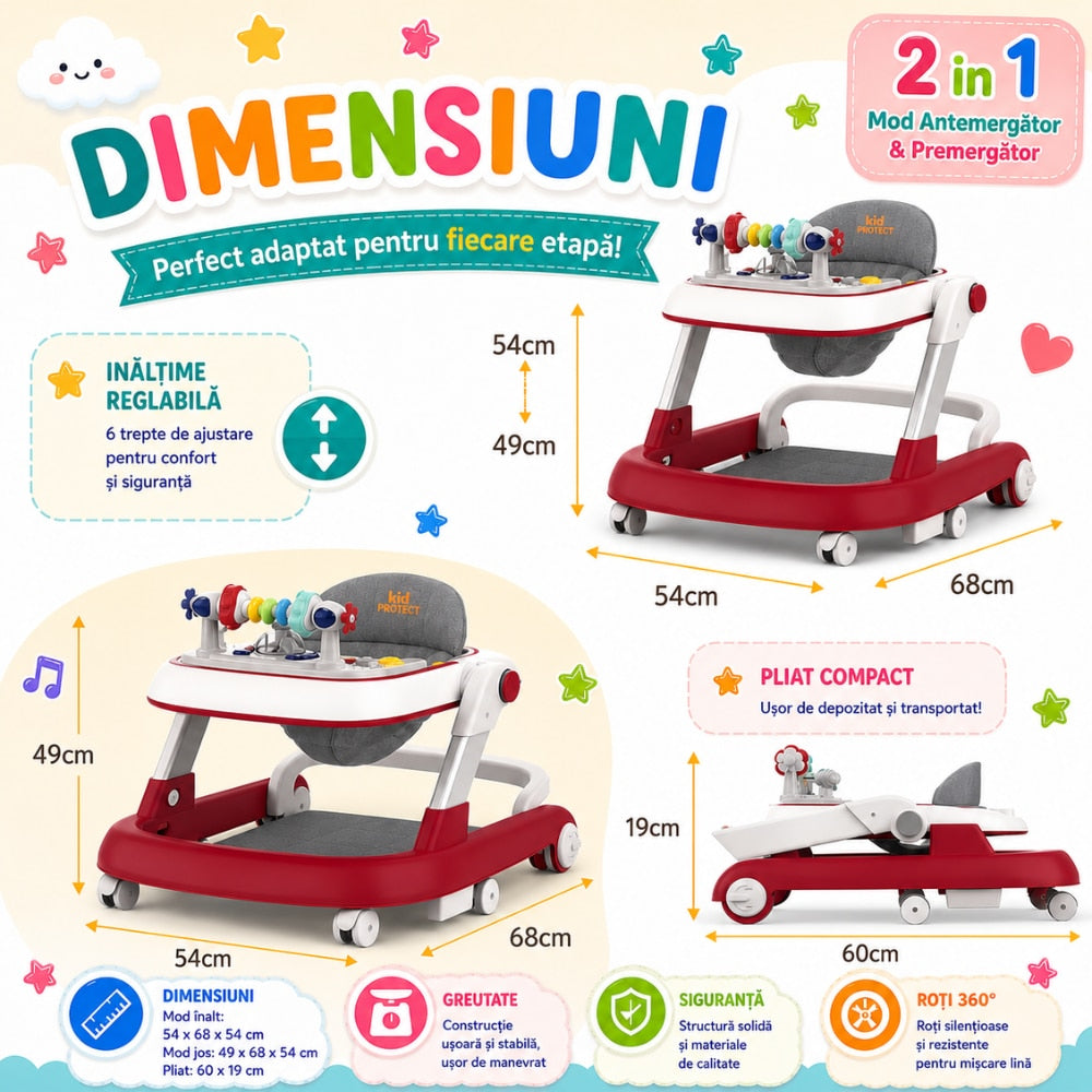 Premergator Copii 2 in 1 Reglabil 6 Trepte KidProtect Little Helper, Rosu