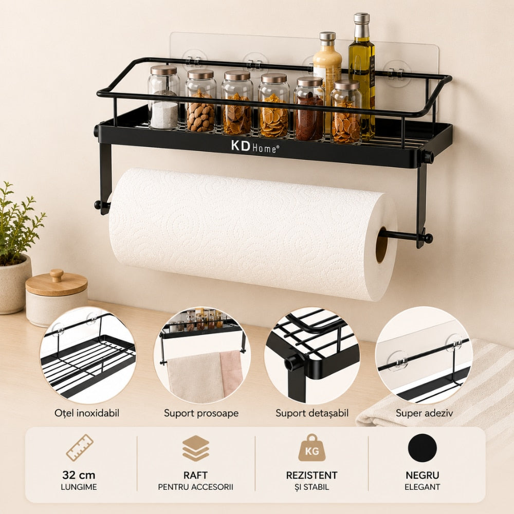 Suport Rola Hartie de Bucatarie Si Raft KD Home TidyRoll Pro, Negru
