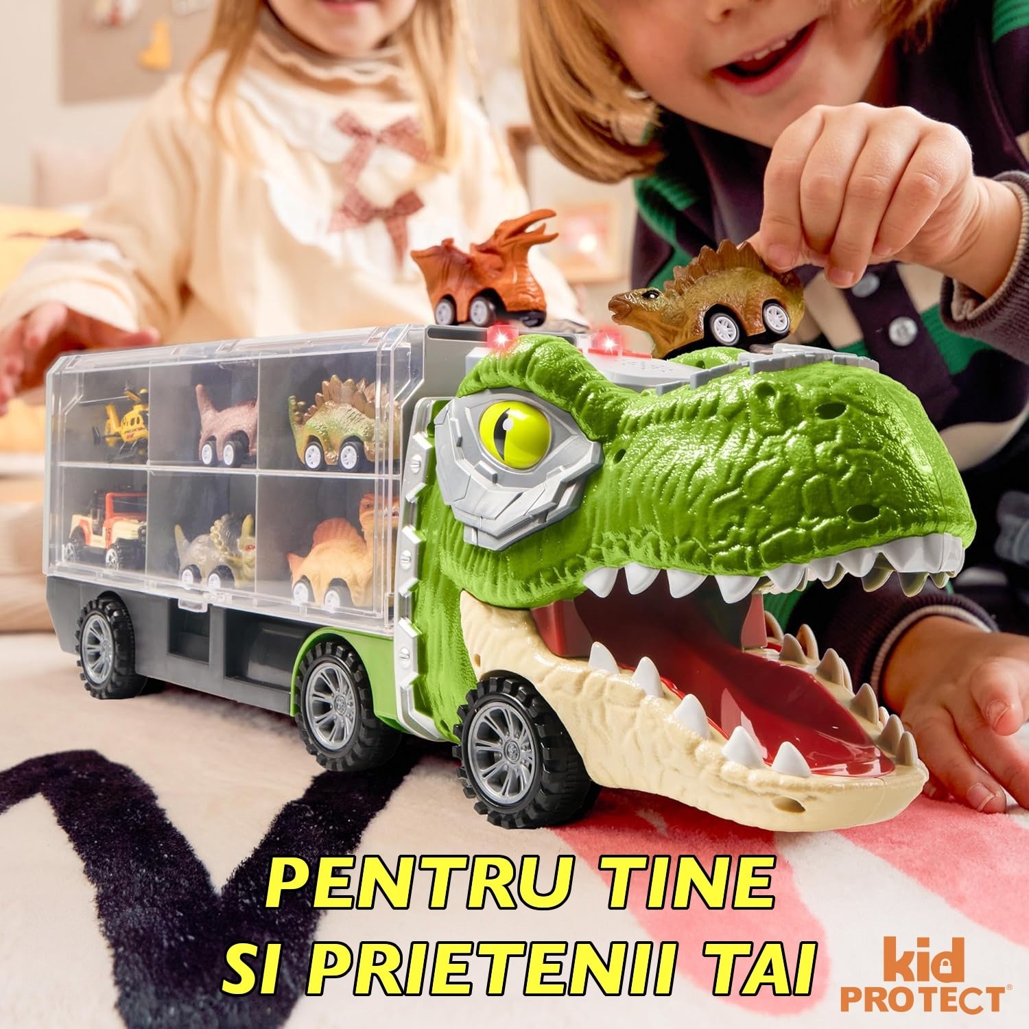 Set Camion Tit De Jucarie Pentru Copii Transport, KidProtect® DinoHaul Car Carrier, 3 ani+