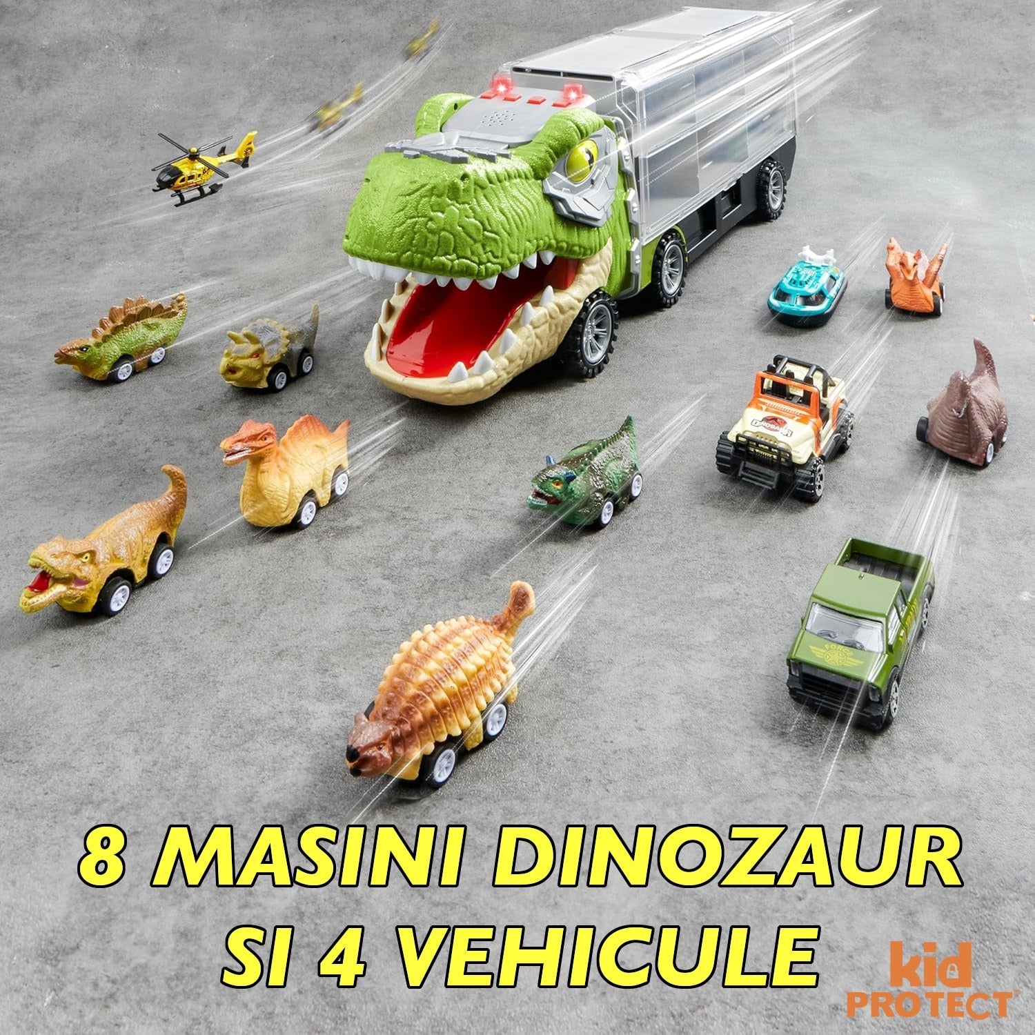Set Camion Tit De Jucarie Pentru Copii Transport, KidProtect® DinoHaul Car Carrier, 3 ani+