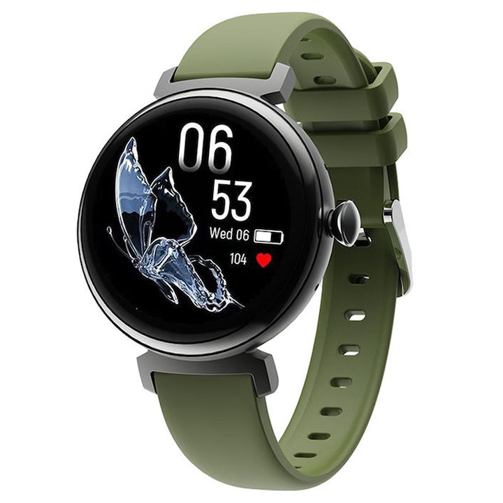 Ceas smartwatch femei TechONE® DM70 Tiny Me, Negru Silicon Verde