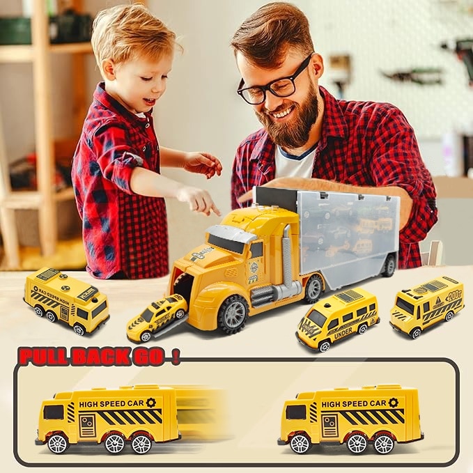 Set Tir Auto Trailer cu Masinute De Jucarie Pentru Copii, KidProtect® Camionel Express, Galben