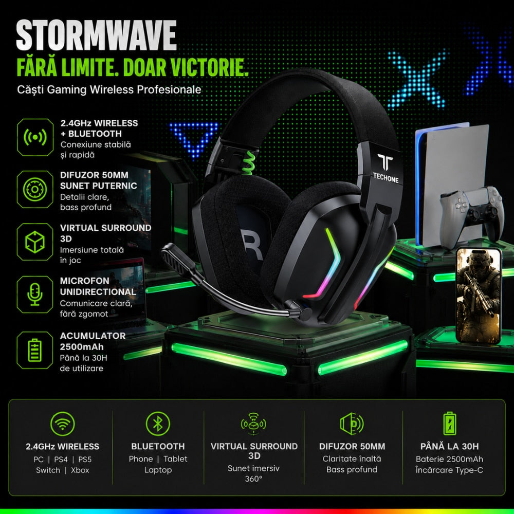 Casti Gaming Profesionale Wireless Techone StormWave