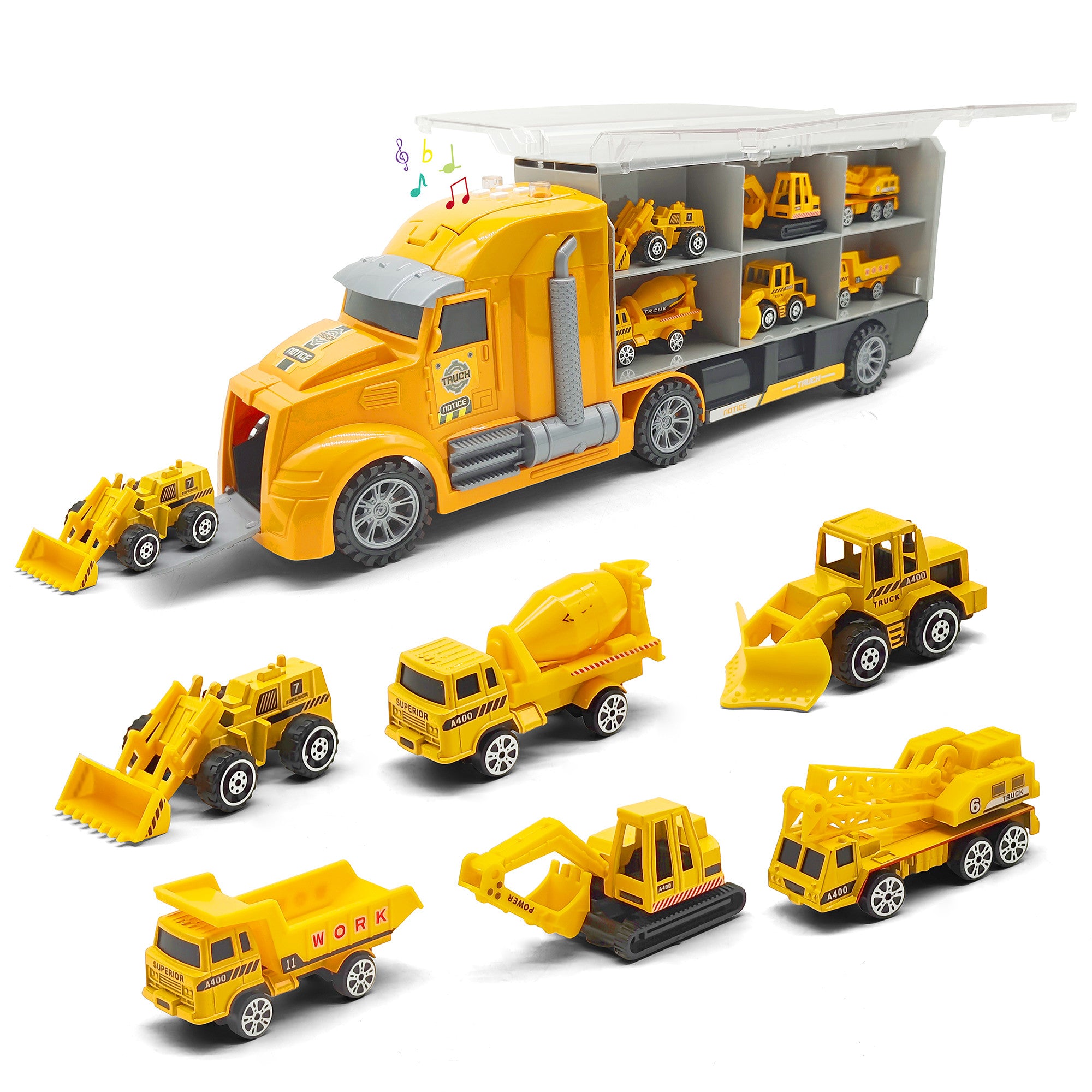 Set Tir Auto Trailer cu Masinute De Jucarie Pentru Copii, KidProtect Construction Express