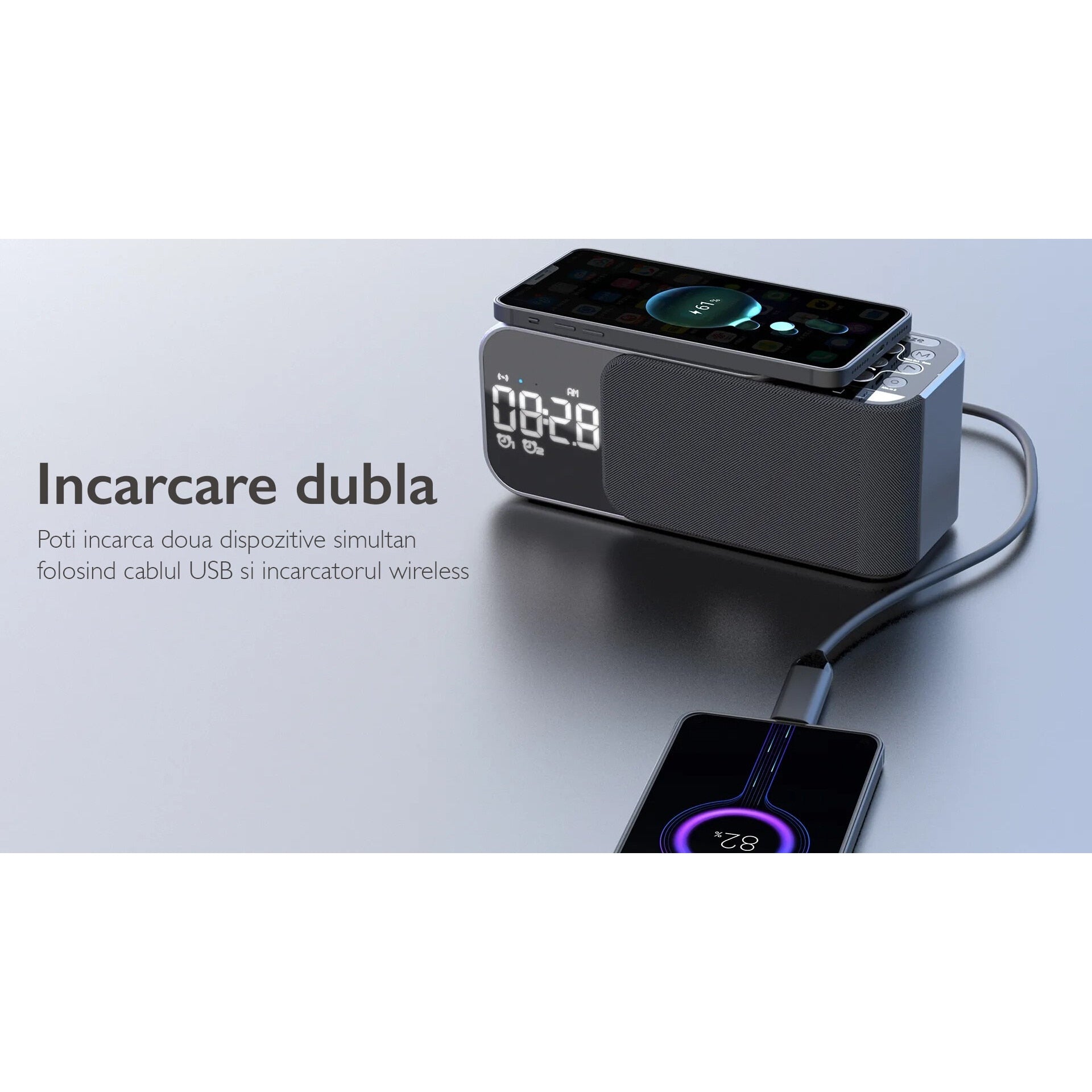 Radio cu ceas si incarcare wireless telefon 15W TechONE Night Buddy Pro
