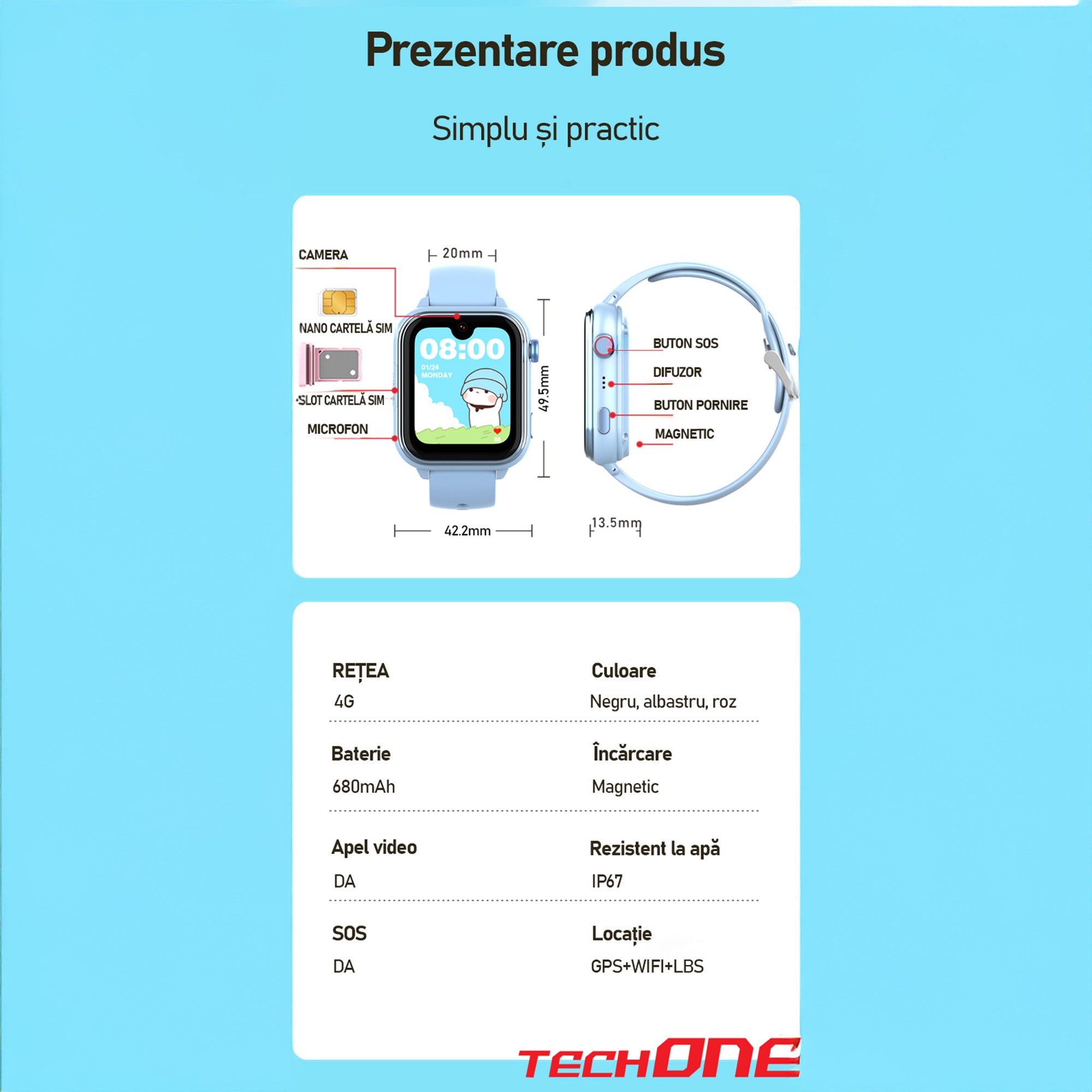 Ceas Smartwatch GPS Copii Cu Localizare Si Telefon Techone KT37, Albastru