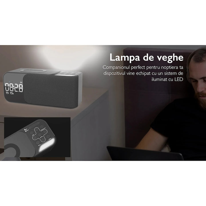 Radio cu ceas si incarcare wireless telefon 15W TechONE Night Buddy Pro