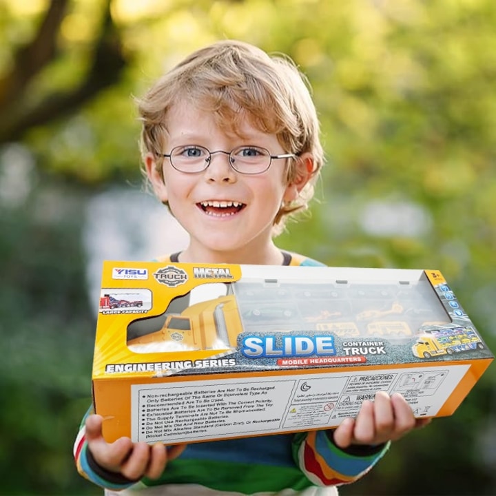 Set Tir Auto Trailer cu Masinute De Jucarie Pentru Copii, KidProtect® Camionel Express, Galben