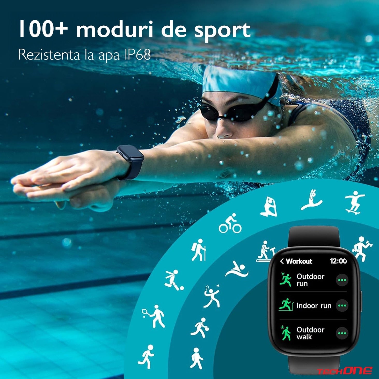 Ceas Smartwatch Barbati TechONE® Aero Track, Negru