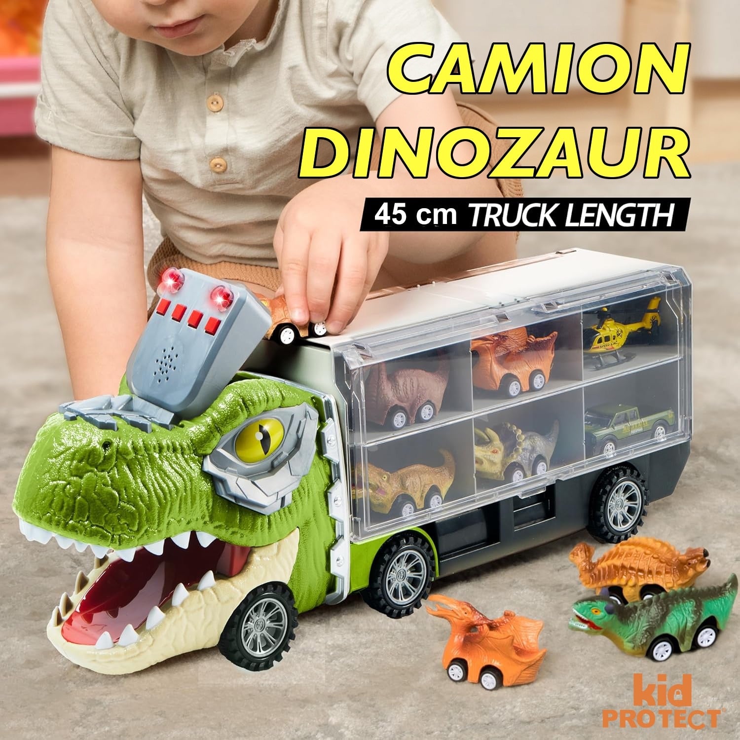 Set Camion Tit De Jucarie Pentru Copii Transport, KidProtect® DinoHaul Car Carrier, 3 ani+