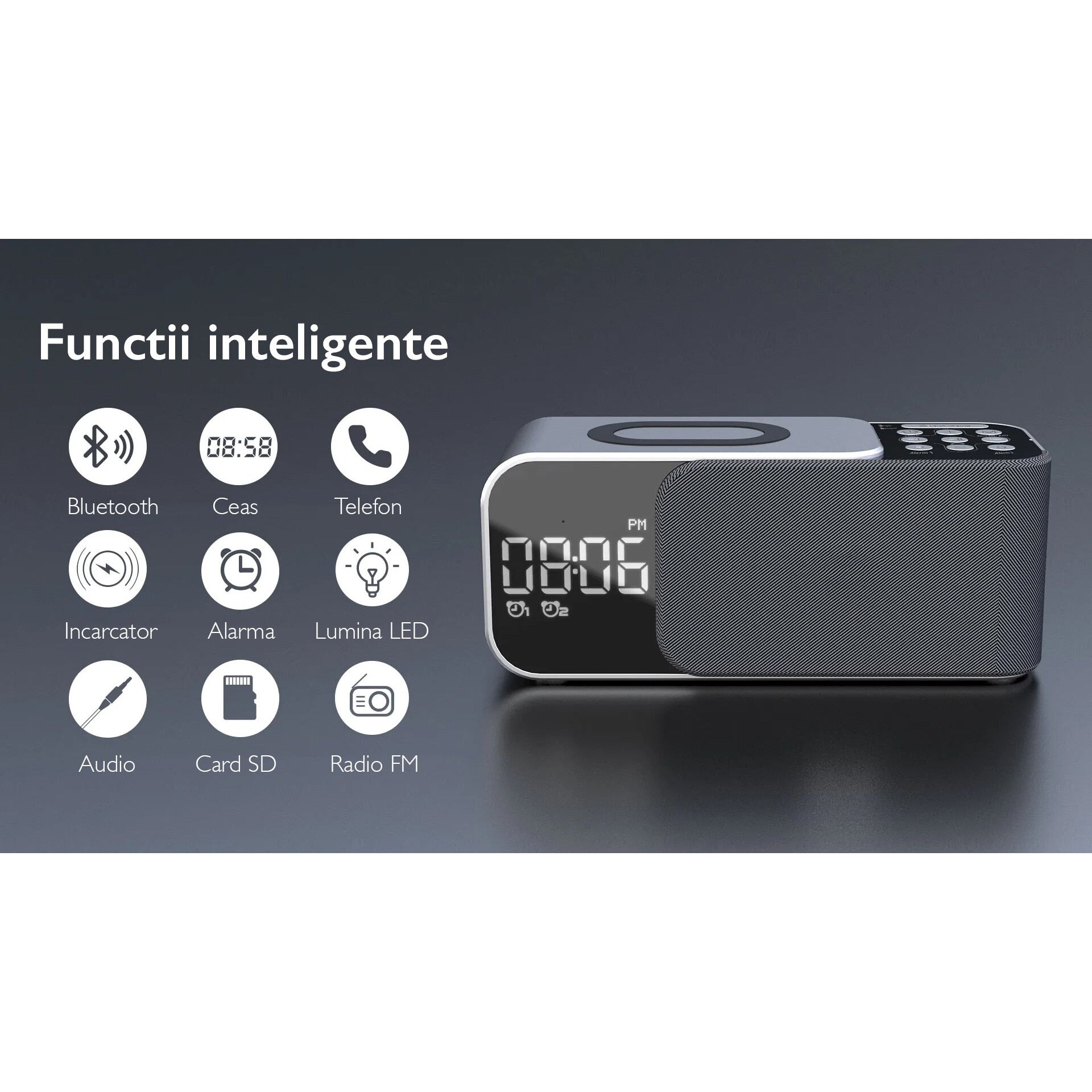 Radio cu ceas si incarcare wireless telefon 15W TechONE Night Buddy Pro
