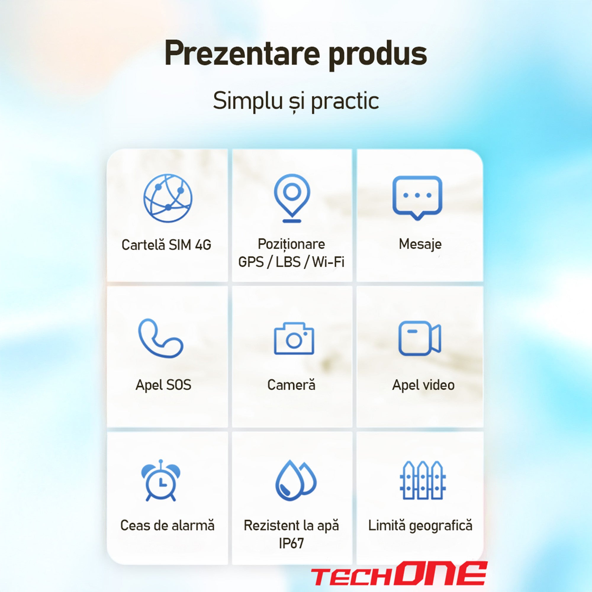 Ceas Smartwatch GPS Copii Cu Localizare Si Telefon Techone KT37, Albastru