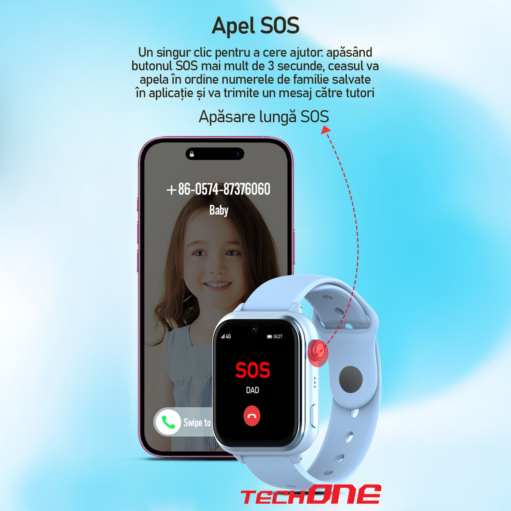 Ceas Smartwatch GPS Copii Cu Localizare Si Telefon Techone KT37, Albastru