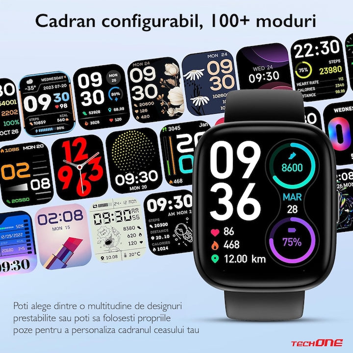 Ceas Smartwatch Barbati TechONE® Aero Track, Negru