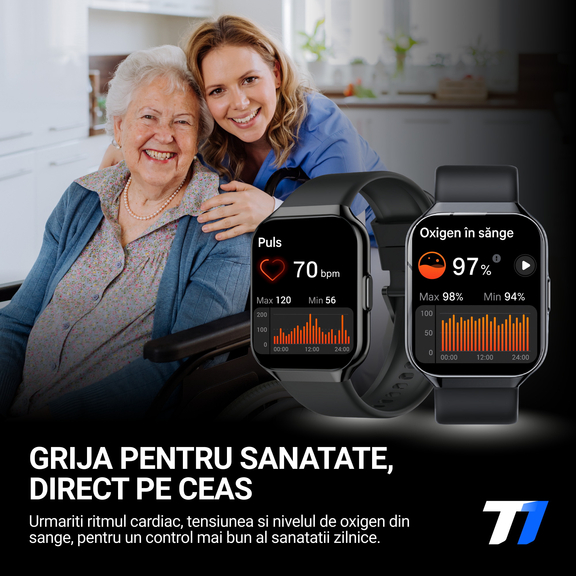 Ceas Smartwatch Barbati TechONE VitaSense Pro, Negru