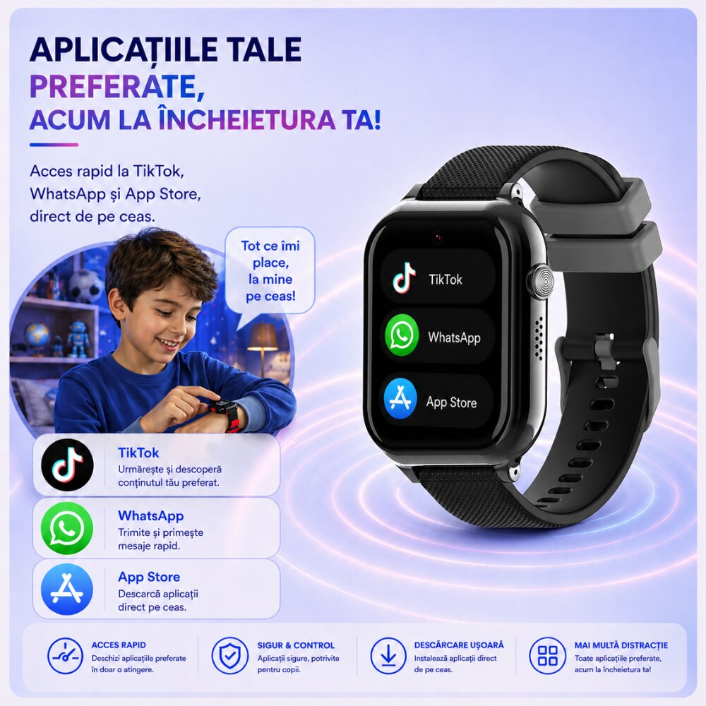 eas Smartwatch Copii Si Telefon Techone KT38, Negru