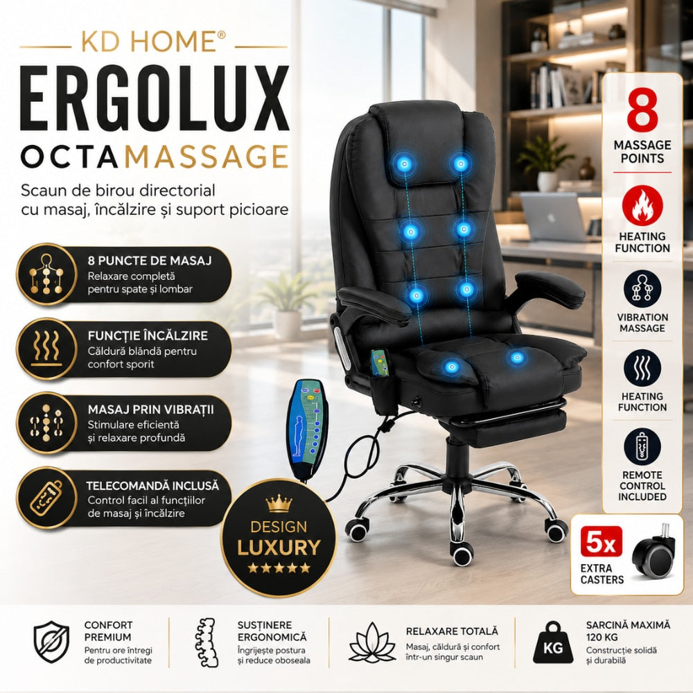 Scaun de Birou Directorial Cu Masaj KD Home Ergolux OctaMassage, Negru