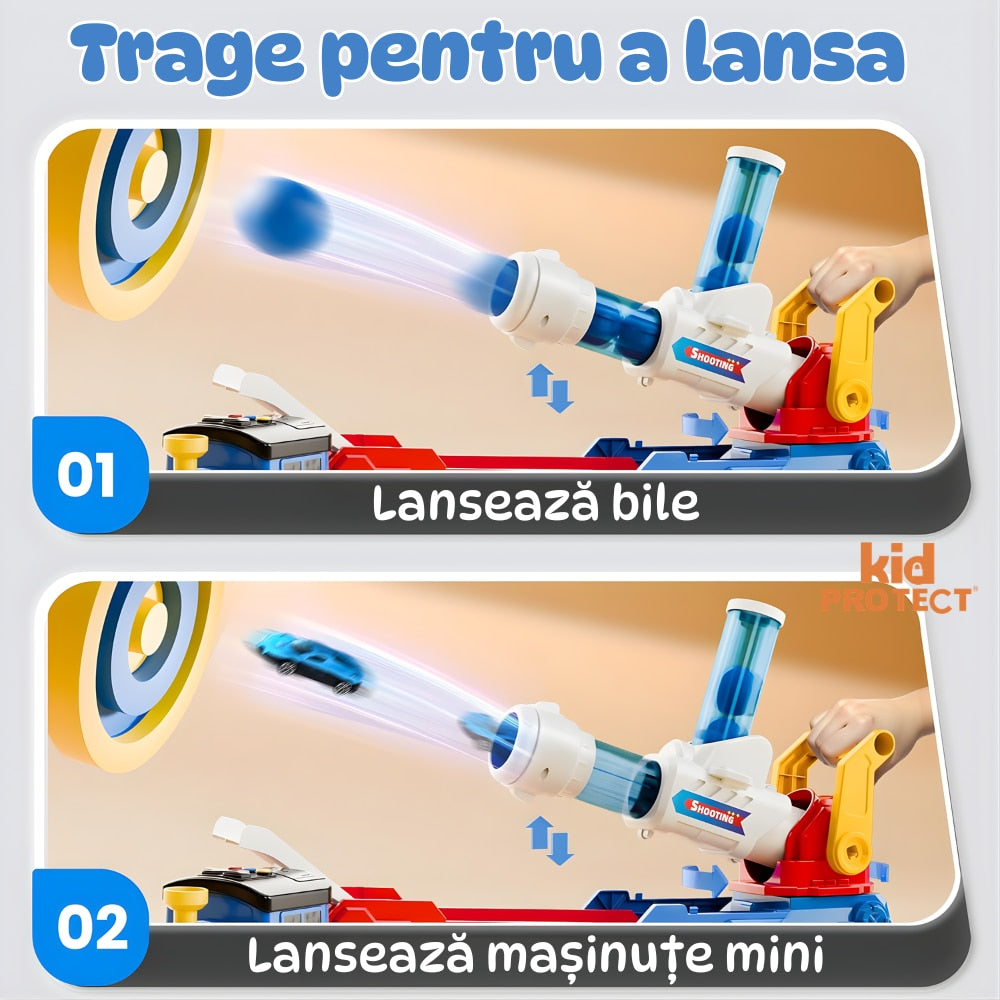 Set Tren cu Remorca Camion De Jucarie Lansator Masinute si Bile Pentru Copii Transport, KidProtect Train Puncher