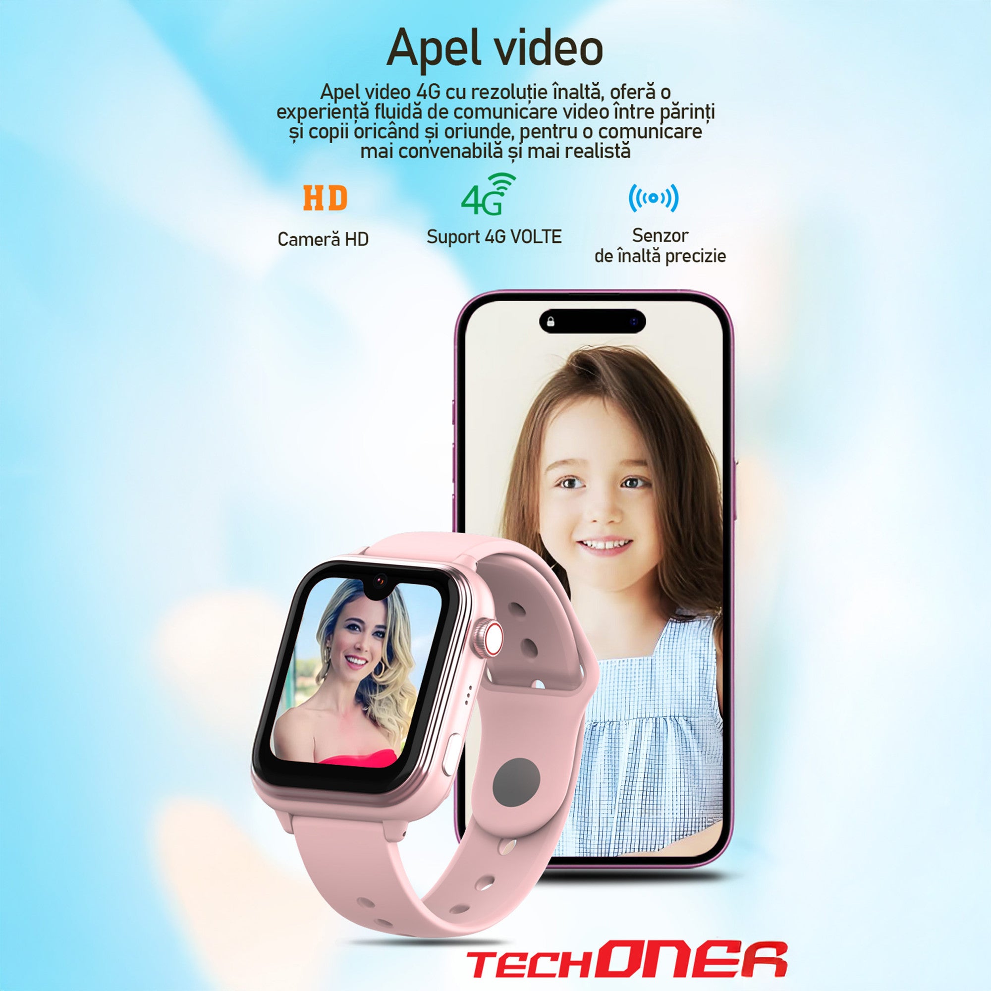 Ceas Smartwatch GPS Copii Cu Localizare Si Telefon Techone KT37, Albastru