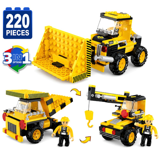 Set de Constructie cu Piese Tip Blocuri Constructie 220 Piese MiniBric 3 in 1 Construction Equipment