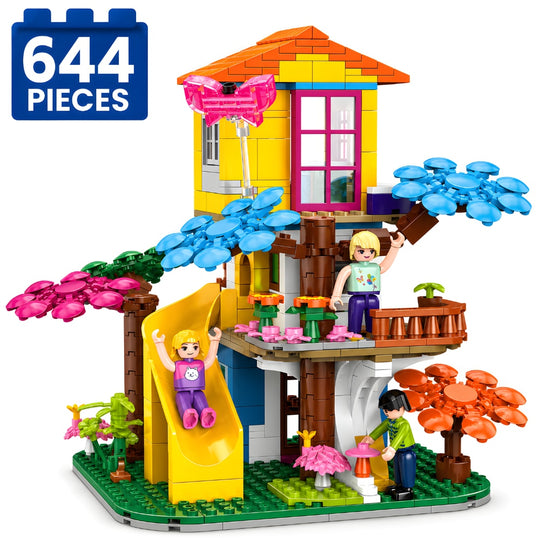 Set de Constructie cu Piese Tip Blocuri Constructie 644 Piese MiniBric Forest Slide Treehouse