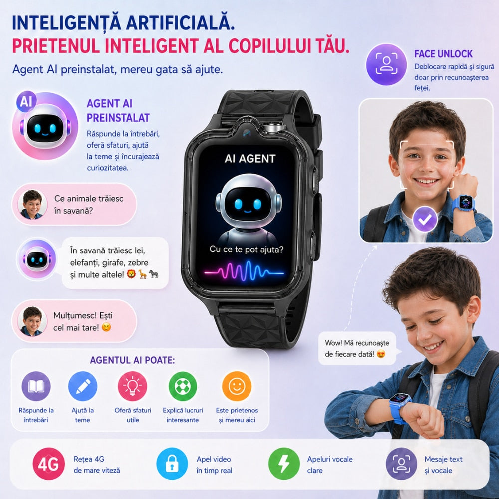 Ceas Smartwatch Copii Si Telefon Techone KT42, Negru