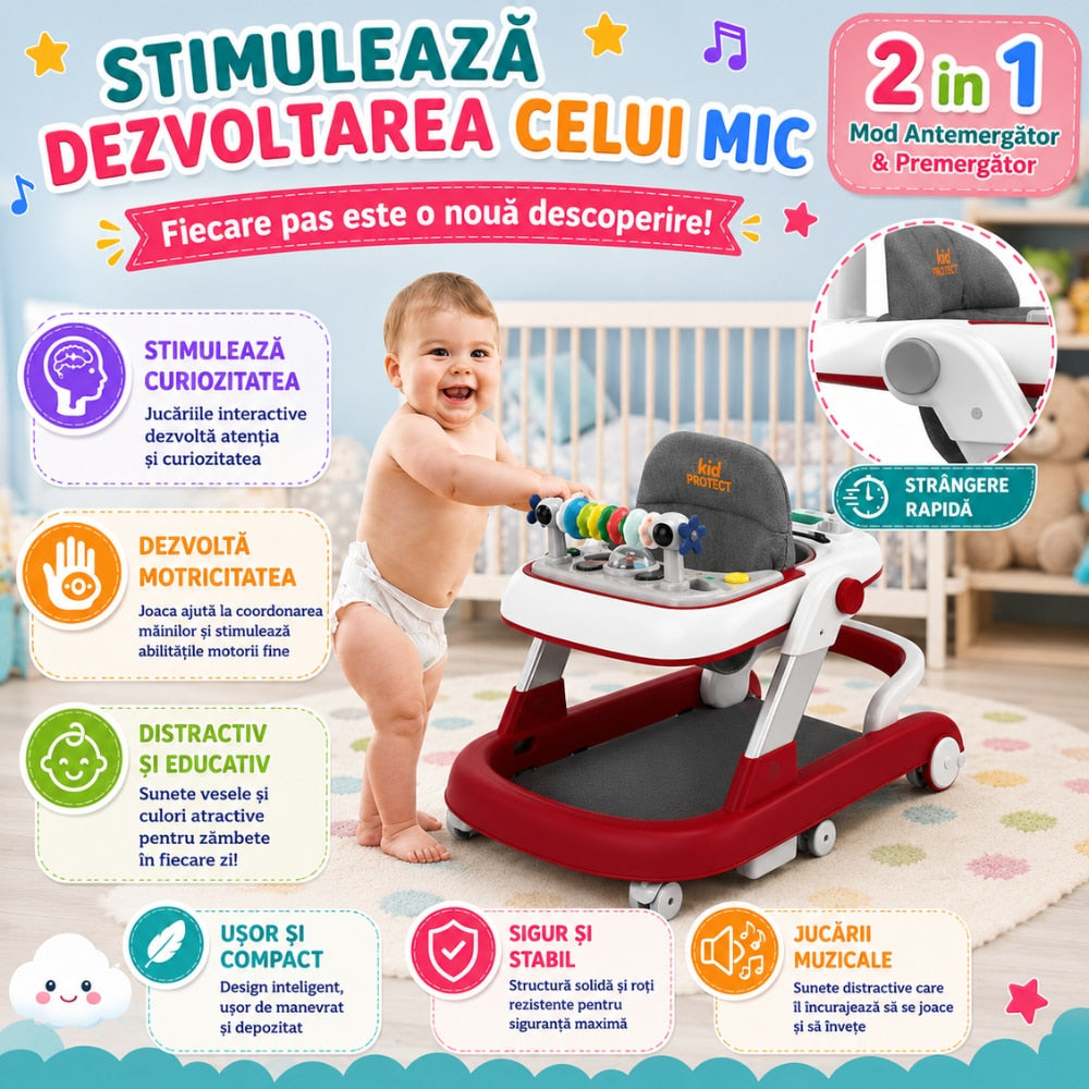 Premergator Copii 2 in 1 Reglabil 6 Trepte KidProtect Little Helper, Rosu