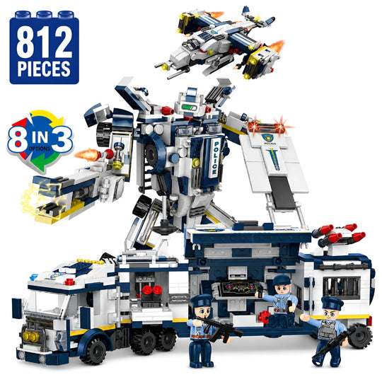 Set de Constructie cu Piese Tip Blocuri Constructie 812 Piese MiniBric 8 in 3 Police Robot