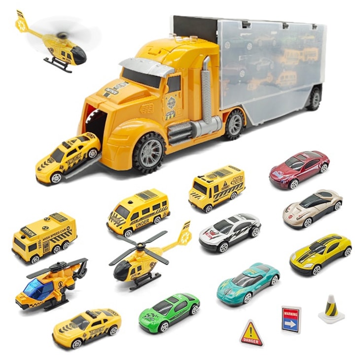 Set Tir Auto Trailer cu Masinute De Jucarie Pentru Copii, KidProtect® Camionel Express, Galben