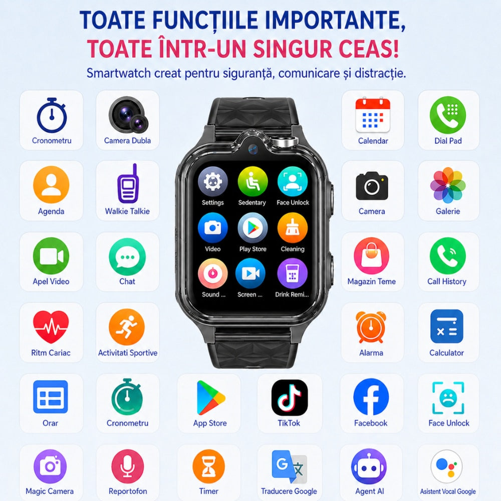 Ceas Smartwatch Copii Si Telefon Techone KT42, Negru